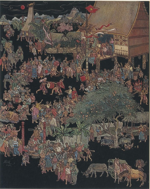 TRẦN HỮU CHẤT (HỒNG CHINH HIỀN) - Mùa xuân trên Tây Nguyên, 120 x 97cm - sơn khắc / 